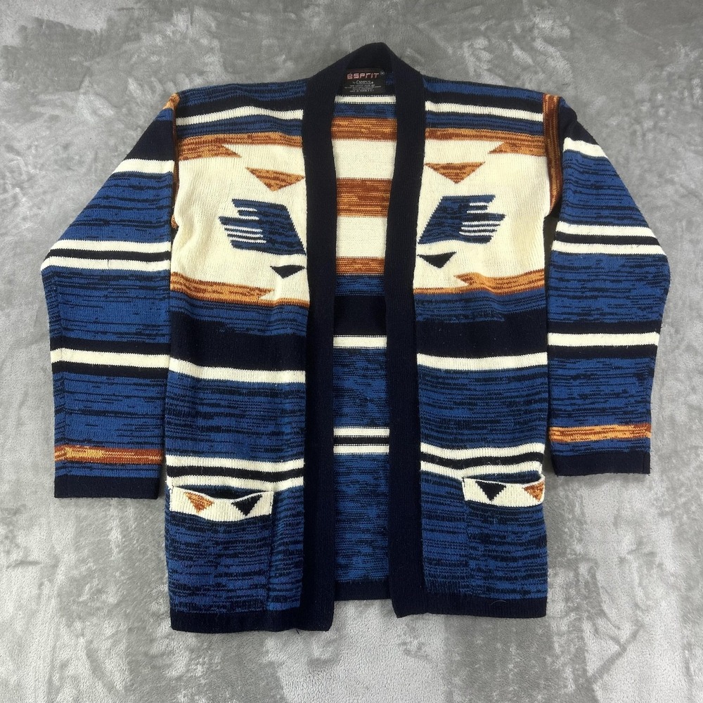 Vintage Esprit Sweater Womens Medium Blue Acrylic Open Cardigan Tribal Stripe